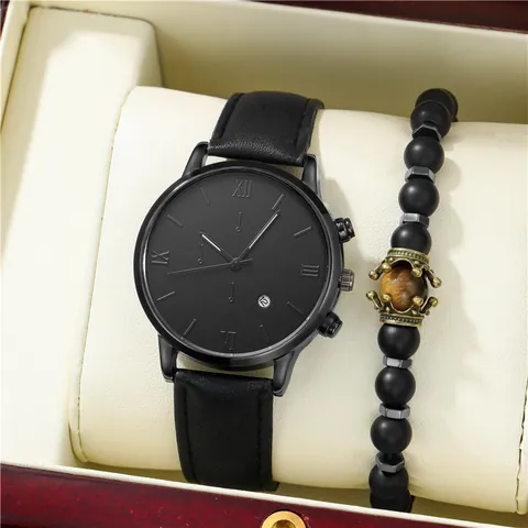Set Orologio al Quarzo Men Business Casual Con Cinturino in Ecopelle Funzione Data e Bracciale con Corona Occhio di Tigre Regalo Uomo