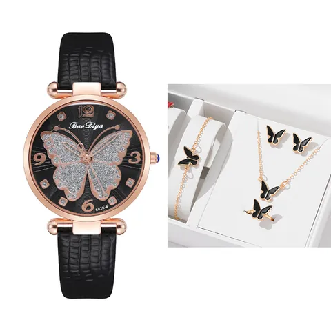 Fashion Women Watch Jewelry Set Glitter Butterfly Dial Quartz Watch With Faux Leather Strap Necklace Bracelet Ring Earrings Set