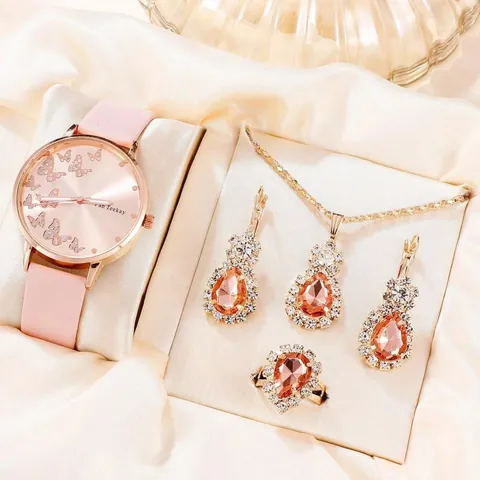 Dames Sieraden Horloge Collectie Vlinder Wijzerplaat Kwartshorloge Peer Edelsteen Ketting Oorbellen Ring Armband Roségoud Roze Cadeau