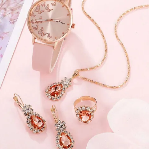 Dames Sieraden Horloge Collectie Vlinder Wijzerplaat Kwartshorloge Peer Edelsteen Ketting Oorbellen Ring Armband Roségoud Roze Cadeau