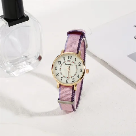 Women's Fashion Quartz Watch With Striped Nylon NATO Strap Minimalist Round Dial Arabic Numerals Casual Student Wristwatch