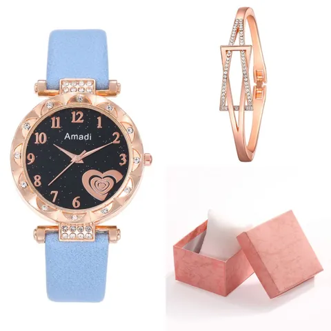 Women Fashion Quartz Watch Rhinestone Geometric Heart Bracelet Accessory Collection Starry Sky Dial PU Leather Strap Elegant Ladies Jewelry