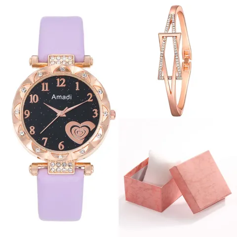 Women Fashion Quartz Watch Rhinestone Geometric Heart Bracelet Accessory Collection Starry Sky Dial PU Leather Strap Elegant Ladies Jewelry