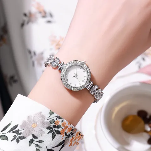 Elegant Women Bracelet Watch Silver Alloy Small Round Dial Rhinestone Leaf Shaped Strap Roman Numerals Quartz Watch Gift