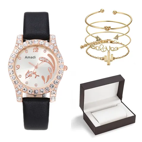 Women Fashion Quartz Watch And Bracelets Jewelry Set Alloy Rhinestone Bezel Dolphin Dial PU Leather Strap Watch With Gift Box