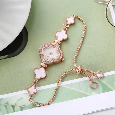 Women's Bracelet Watch Four Leaf Clover Shape Rose Gold Alloy Rhinestone Shell Inlay Adjustable Quartz Wristwatch Elegant Style
