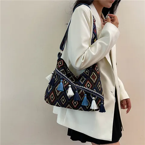 Etnische Stijl Canvas Tote Bag Voor Vrouwen Boheemse Geweven Schoudertas Met Kwastje Geometrisch Patroon Modieuze Crossbody Tas