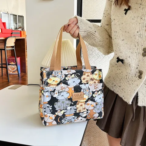 Bolsa de Almuerzo Aislada de Lona para Mujer Floral Gato Animato Bolsa Térmica Con Bolsillo Delantero Bolsa Nevera Portátil Picnic