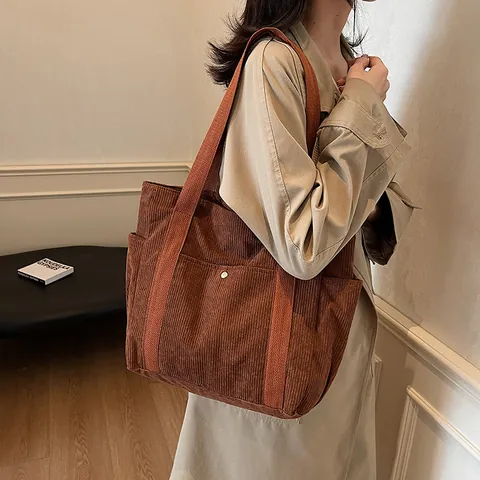 Bolso Tote de Pana de Gran Capacidad para Mujer Vintage Simple Minimalista Bolso de Hombro Color Sólido Bolso de Mano Casual Diario