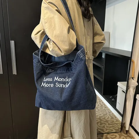 Borsa Tote in Denim Retro da Donna Grande Capacità Less Mondays More Sundays Ricamo Casual Spalla Pendolare Borsa a Mano