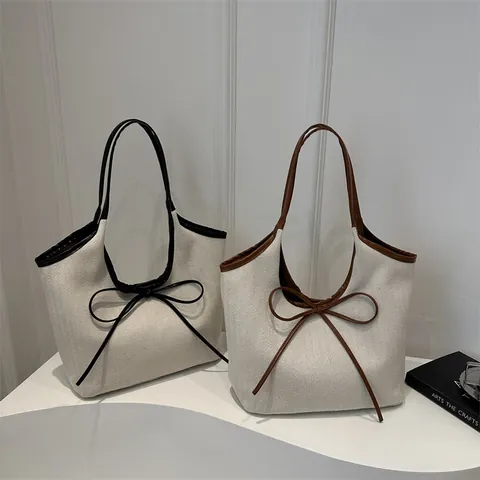 Women Large Capacity Canvas Tote Bag Herringbone Pattern Minimalist Shoulder Bag With Bow Decoration Magnetic Closure Casual Daily Underarm Bag
