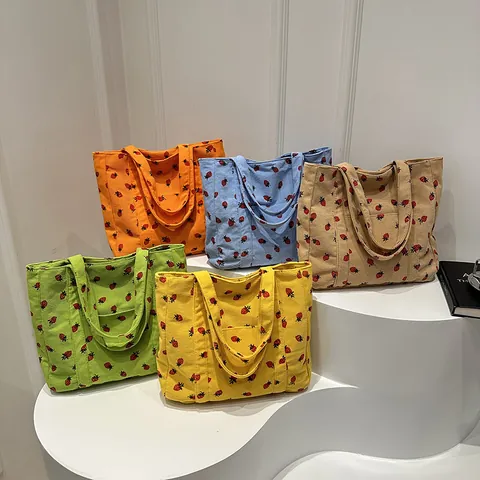 Women Corduroy Strawberry Print Tote Bag Large Capacity Casual Shoulder Bag Cute Student School Handbag With Outer Pocket