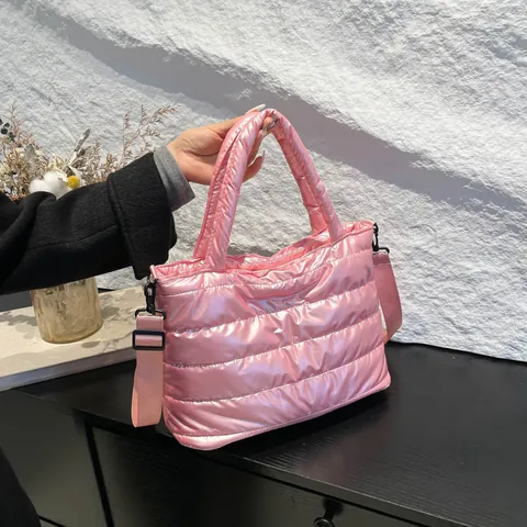Women Puffer Tote Bag Metallic PU Leather Quilted Shoulder Bag Solid Color Fashion Large Capacity Crossbody Bag For Daily Commute