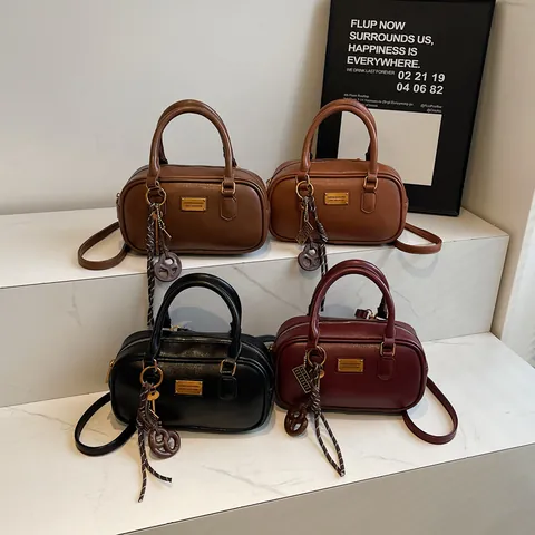 Damen Vintage PU Leder Boston Tasche Hohe Qualität Textur Einfarbig Handtasche Schulter Umhängetasche Mode Bowling Handtasche