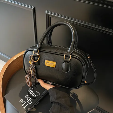 Damen Vintage PU Leder Boston Tasche Hohe Qualität Textur Einfarbig Handtasche Schulter Umhängetasche Mode Bowling Handtasche