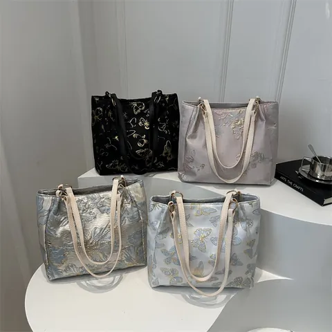 Women's Butterfly Jacquard Tote Bag Large Capacity Floral Embroidery Shoulder Bag Casual Commute University Student Handbag