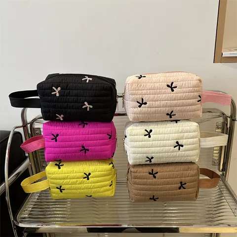Neceser Acolchado Con Bordado de Lazo Gran Capacidad Organizador de Maquillaje Portátil Bolsa de Almacenamiento de Viaje para Mujer