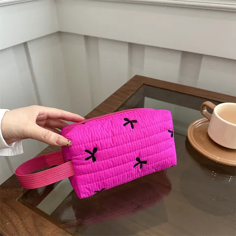 Neceser Acolchado Con Bordado de Lazo Gran Capacidad Organizador de Maquillaje Portátil Bolsa de Almacenamiento de Viaje para Mujer