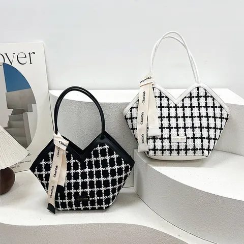 Damen Tweed Karo Tote Bag Vintage V-Öffnung Handtasche Mit Dekorativem Schal Große Kapazität Pendler Umhängetasche