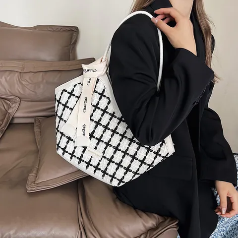 Damen Tweed Karo Tote Bag Vintage V-Öffnung Handtasche Mit Dekorativem Schal Große Kapazität Pendler Umhängetasche
