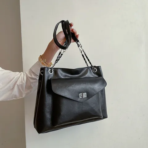 Bolso de Mano de Cuero PU Retro para Mujer Gran Capacidad Con Correa de Cadena Cierre de Giro Minimalista Casual Diario