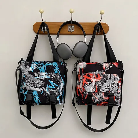 Urban Street Graffiti Nylon Messenger Bag Large Capacity Student Crossbody Shoulder Bag With Buckle For Women Men