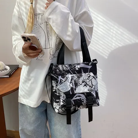 Urban Street Graffiti Nylon Messenger Bag Large Capacity Student Crossbody Shoulder Bag With Buckle For Women Men