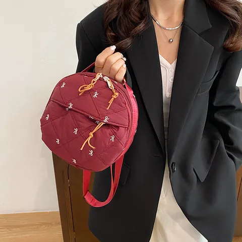 Trendy Round Quilted Nylon Crossbody Bag With Bow Embroidery Double Zipper Shoulder Bag Fashion Small Backpack For Women