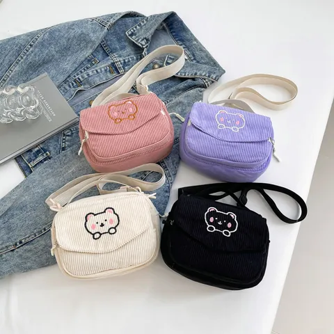 Borsa a Tracolla in Velluto a Coste Stile Giapponese Per Donna Ragazza Ricamo Cartone Animato Piccola Borsa Quadrata Tracolla Regolabile