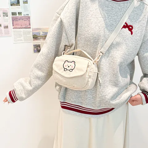 Borsa a Tracolla in Velluto a Coste Stile Giapponese Per Donna Ragazza Ricamo Cartone Animato Piccola Borsa Quadrata Tracolla Regolabile