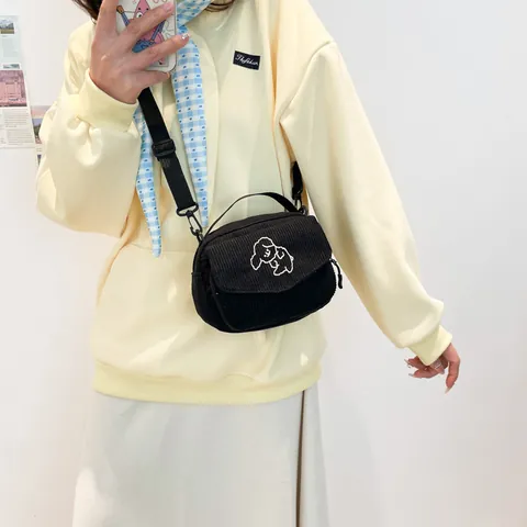 Japanisch Cord Kleiner Quadratischer Umhängetasche Niedlich Cartoon Hund Stickerei Verstellbarer Gurt Schultertasche Damen Kinder