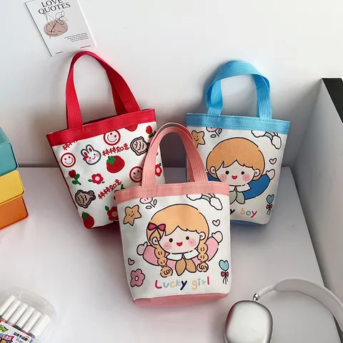 Cute Cartoon Canvas Handbag Portable Mini Bucket Bag For Kids Birthday Party Favor Lucky Girl Boy Pattern Fabric Storage Tote