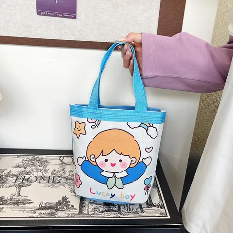 Cute Cartoon Canvas Handbag Portable Mini Bucket Bag For Kids Birthday Party Favor Lucky Girl Boy Pattern Fabric Storage Tote
