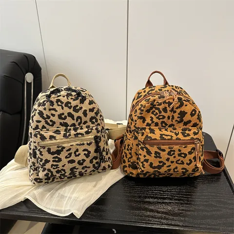 Women Fashion Corduroy Leopard Print Backpack Casual Streetwear Mini Travel School Bag With Adjustable Straps For Daily