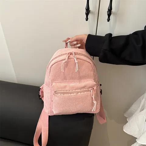 Women Fashion Corduroy Mini Backpack Minimalist Vintage Small School Bag Casual Lightweight Travel Rucksack For Students And Women