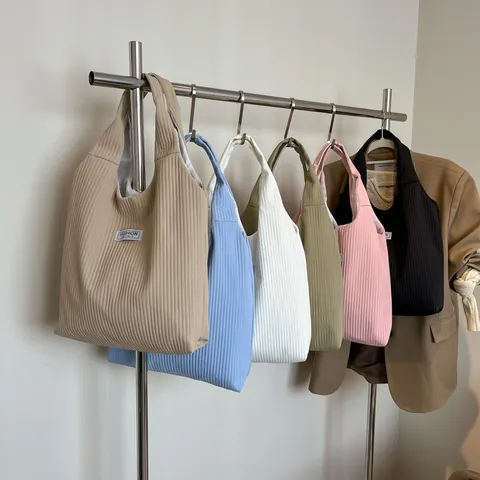Borsa Tote Donna in Velluto a Coste Grande Capacità Casual Minimalista Strisce Verticali Etichetta Lettere Borsa a Spalla
