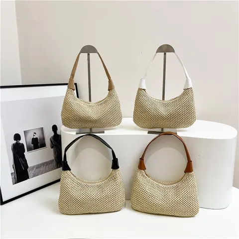 Mode Damen Stroh Weben Achseltasche Halbmond Hobo Tote Umhängetasche Mit Reißverschluss Casual Sommer Strand Reise Handtasche