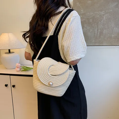 Bolso de Cubo Tejido de Paja Vintage Francés para Mujer Con Decoración de Perlas Artificiales de Imitación Bolso Bandolera de Playa Verano