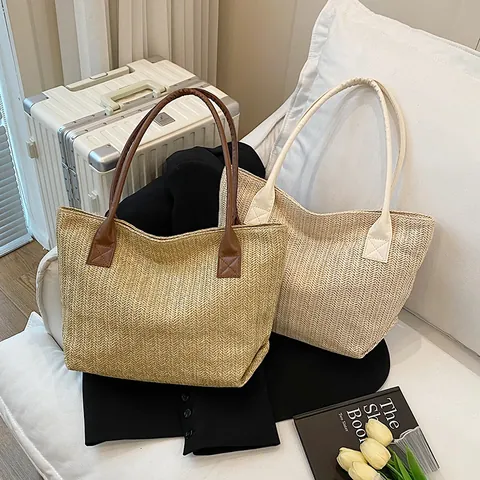 Dames Grote Capaciteit Geweven Stro Tote Bag Met Polyester Voering En PU Leren Handvat Zomer Strand Vakantie Schoudertas