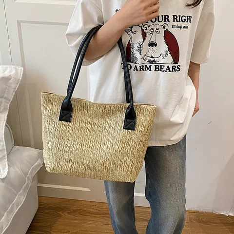 Dames Grote Capaciteit Geweven Stro Tote Bag Met Polyester Voering En PU Leren Handvat Zomer Strand Vakantie Schoudertas