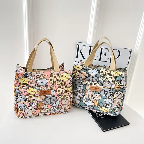 Cartoon Cat Printed Canvas Handbag Large Capacity Lunch Bag Portable Zipper Tote Bag Cute Casual Style For Women Daily Picnic