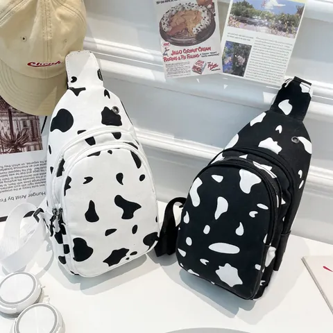 Fashion Cow Print Canvas Chest Bag For Women Teenagers Street Style Adjustable Strap Crossbody Bag Small Shoulder Bag Phone Pouch