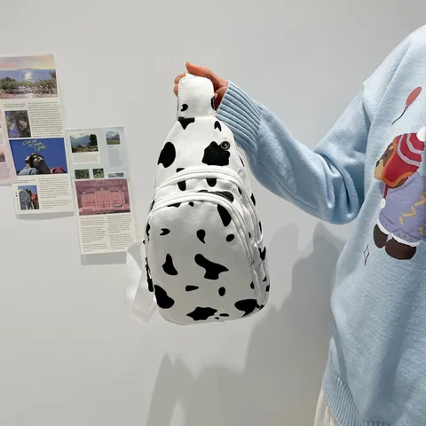 Fashion Cow Print Canvas Chest Bag For Women Teenagers Street Style Adjustable Strap Crossbody Bag Small Shoulder Bag Phone Pouch