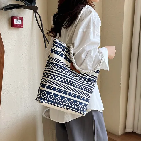 Bolso Tote de Lona de Moda para Mujer Estampado de Leopardo Geométrico Bolso de Hombro de Gran Capacidad Bolso de Mano Casual Asa de Cuerda de Algodón Bolsa de Escuela