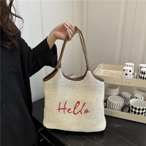 Women Fashion Straw Woven Tote Bag With Hello Embroidery PU Leather Handle Large Capacity Casual Beach Shoulder Bag Handbag