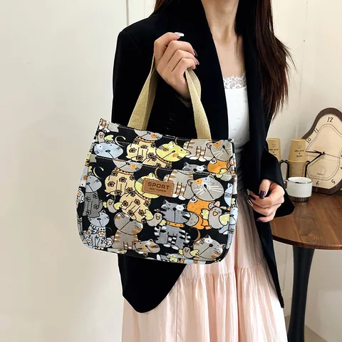 Cartoon Cat Printed Canvas Handbag Large Capacity Lunch Bag Portable Zipper Tote Bag Cute Casual Style For Women Daily Picnic