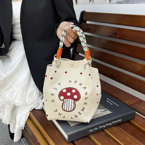 Women's Casual Knitted Bucket Handbag Cute Floral Mushroom Strawberry Pattern Cotton Tote Bag For Daily Shopping Commute