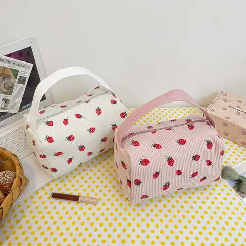Cute Corduroy Makeup Bag With Strawberry Cow Flower Print Large Capacity Cosmetic Bag Portable Travel Toiletry Bag Pencil Case For Women Girls