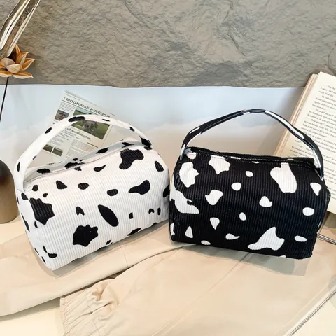 Cute Corduroy Makeup Bag With Strawberry Cow Flower Print Large Capacity Cosmetic Bag Portable Travel Toiletry Bag Pencil Case For Women Girls