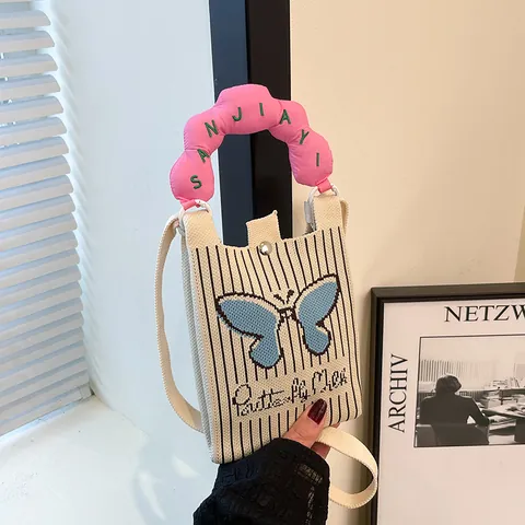 Borsa per Cellulare da Donna in Maglia a Cartoni Animati Orecchini a Tracolla a Righe Con Manico Puffy con Lettere Mini Borsa Accessori Quotidiani